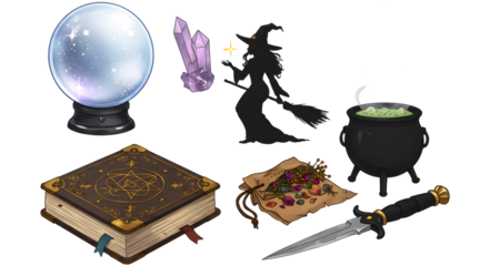 A mystical scene featuring a crystal ball, witch silhouette, potion cauldron, spellbook, and magical ingredients on a table