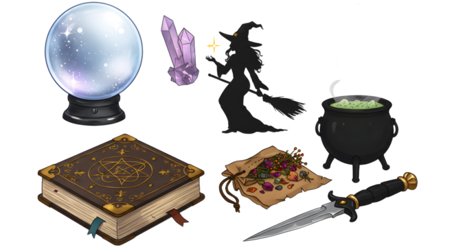 A mystical scene featuring a crystal ball, witch silhouette, potion cauldron, spellbook, and magical ingredients on a table