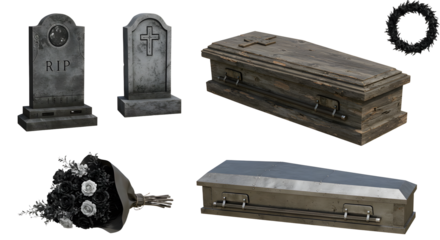 A somber collection of gravestones and coffins, surrounded by a black flower bouquet, set against a neutral background