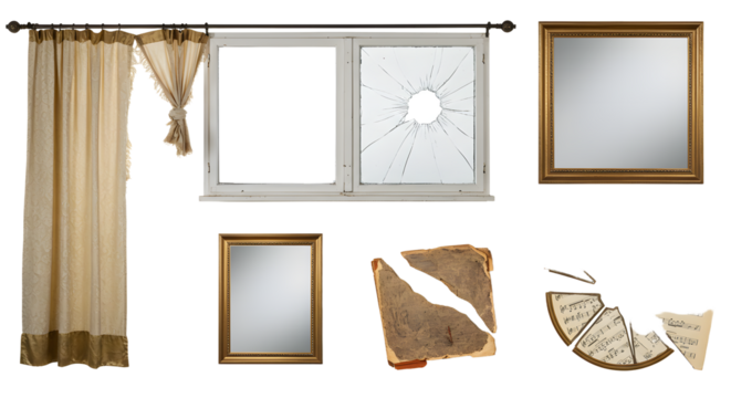 A shattered window with broken glass, framed mirrors, and torn papers, showcasing a room's disarray and neglect
