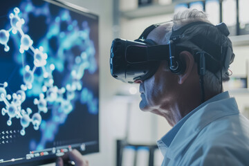 Male Scientist Using Virtual Reality Technology to Examine Molecular Structure of Cancer Treatment in Advanced Visualization Laboratory
