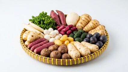 Assortment of Traditional Indonesian Tubers in a Woven Bamboo Tray