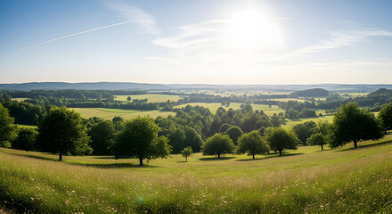 Obraz premium Lush Green Landscape: Rolling Hills, Trees, and Bright Sunlight.