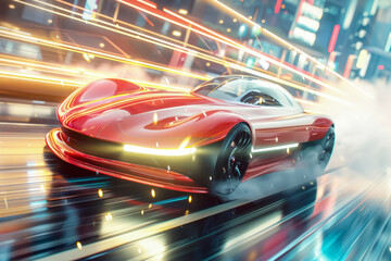 Sleek Shiny Red Electric Sports Car Racing Through Modern Smart City Streets with Dynamic Sunburst Lens Flare in Urban Environment