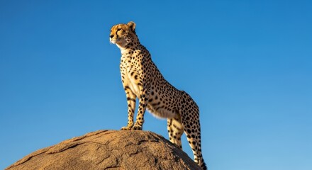 A cheetah stands atop a rock against a clear blue sky.