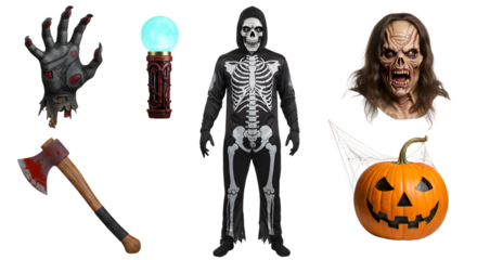 A spooky Halloween scene featuring a skeleton costume, eerie props like an axe, glowing orb, and a carved pumpkin