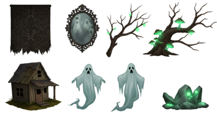 A spooky Halloween scene featuring ghostly apparitions, a haunted house, eerie tree, and mystical glowing crystals