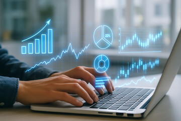 Financial dashboard graphs and chart elements floating above laptop keyboard showing data analytics report and stock market statistics in business growth report and analysis