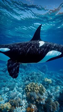 Vertical video orca whale swim underwater