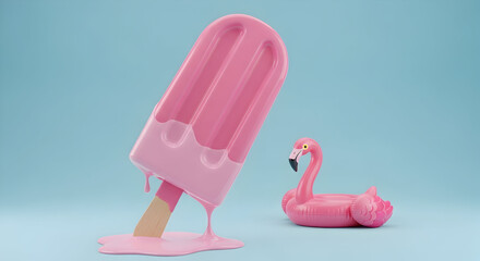Pink Popsicle and Flamingo Float on Blue: Summer Fun Concept.