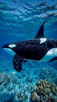 Vertical video orca whale swim underwater