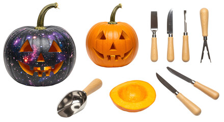 A vibrant galaxy-themed pumpkin alongside a traditional carved pumpkin, with carving tools and a halved pumpkin on display