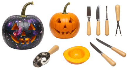 A vibrant galaxy-themed pumpkin alongside a traditional carved pumpkin, with carving tools and a halved pumpkin on display