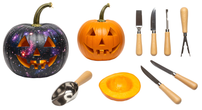 A vibrant galaxy-themed pumpkin alongside a traditional carved pumpkin, with carving tools and a halved pumpkin on display