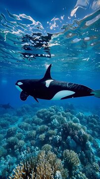 Vertical video orca whale swim underwater
