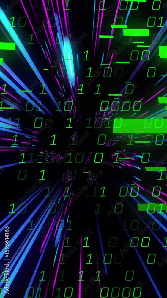 Poster Binary code and data stream animation over colorful light streaks