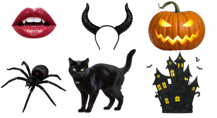 A vibrant Halloween-themed collage featuring spooky elements like a black cat, jack-o'-lantern, and haunted house