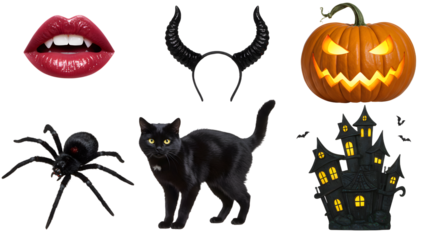 A vibrant Halloween-themed collage featuring spooky elements like a black cat, jack-o'-lantern, and haunted house