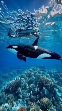 Vertical video orca whale swim underwater