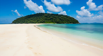 Obraz premium Tropical Island Paradise: Pristine Beach, Turquoise Waters, Lush Green Hill.