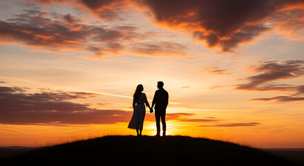 Romantic Silhouette Couple Holding Hands at Sunset, Golden Hour, Dramatic Sky.