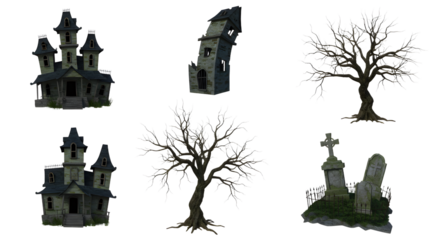 Eerie abandoned mansion and twisted trees in a haunted graveyard, showcasing spooky atmosphere and ghostly elements