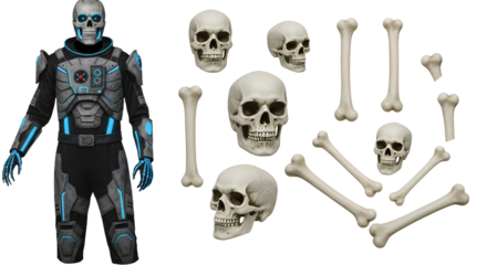 Futuristic humanoid character in a sci-fi setting surrounded by skeletal remains, showcasing advanced technology and exploration