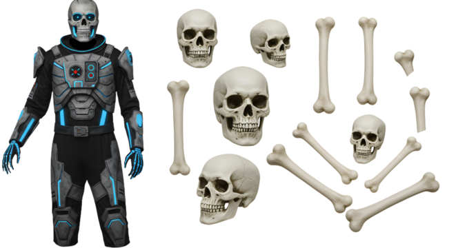 Futuristic humanoid character in a sci-fi setting surrounded by skeletal remains, showcasing advanced technology and exploration