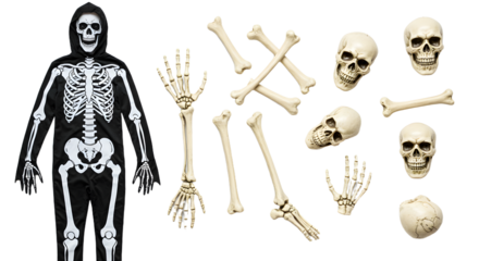 Life-sized skeleton model displayed alongside various bone and skull replicas, set against a plain background for educational use