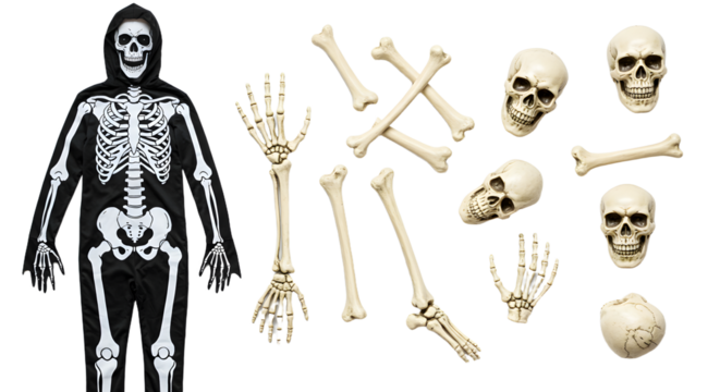 Life-sized skeleton model displayed alongside various bone and skull replicas, set against a plain background for educational use