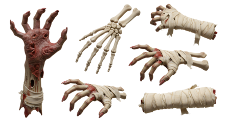 Realistic depiction of zombie hands emerging from the ground, showcasing detailed textures and eerie features in a dark setting