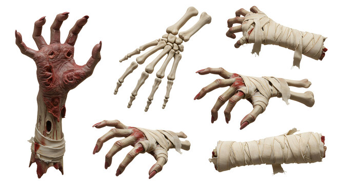 Realistic depiction of zombie hands emerging from the ground, showcasing detailed textures and eerie features in a dark setting
