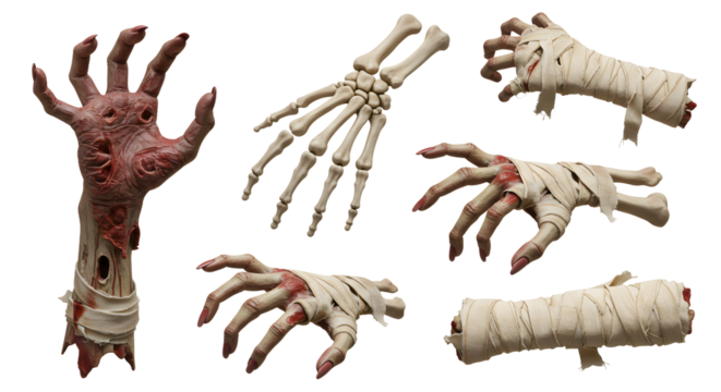 Realistic depiction of zombie hands emerging from the ground, showcasing detailed textures and eerie features in a dark setting