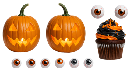 Two carved pumpkins with glowing faces and a spooky cupcake topped with black and orange icing, set against a Halloween backdrop