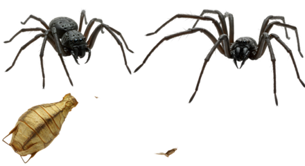 Two realistic spiders positioned near a wooden barrel, showcasing intricate details against a transparent background