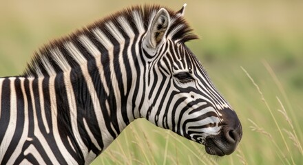 Fototapeta premium A close-up portrait of a zebra grazing in a grassy field, showing detail.