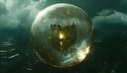 Illuminated castle reflects inside a clear sphere over a cityscape against a cloudy sky with ominous tones
