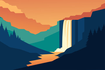 Stylized waterfall landscape with orange sky and teal mountains