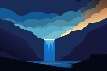 Dramatic waterfall scene under a cloudy sky