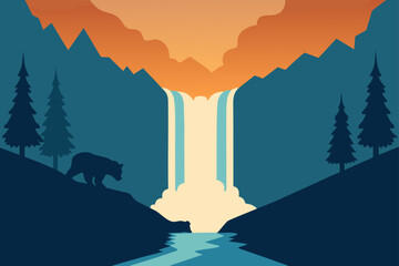 Bear watching a majestic waterfall in a serene mountain landscape