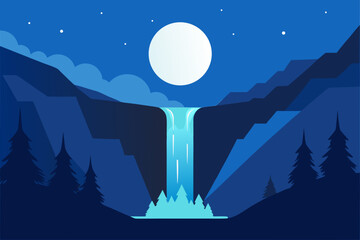 Serene night waterfall under a full moon