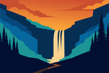 Vibrant sunset over a majestic waterfall landscape
