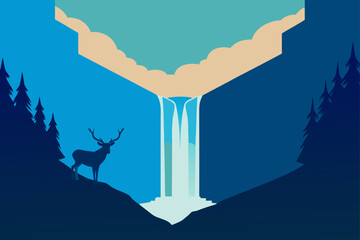 Majestic waterfall scene with a deer in a stylized forest