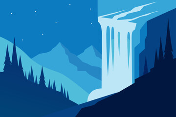 Serene blue mountain landscape with a cascading waterfall under a starry night sky