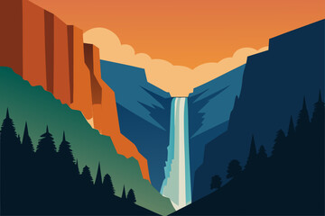 Majestic waterfall in a canyon at sunset