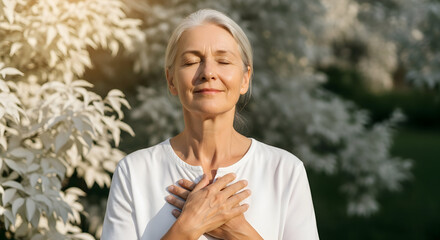 Serene Woman with Eyes Closed, Hands on Chest, Outdoors, Peaceful, Gratitude.