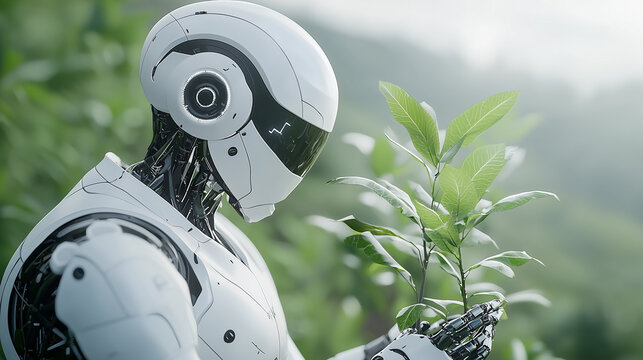 Cyborg robot planting trees