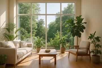 Fototapeta premium Bright Green Indoor Space with Minimalist Furniture and Plants
