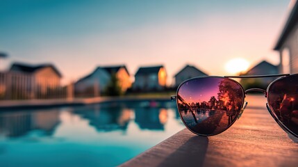 Sunglasses reflecting warm sunset glow over outdoor pool, with houses in soft focus, sky hues, people swimming and lounging, clear blue sky enhancing tranquil atmosphere.