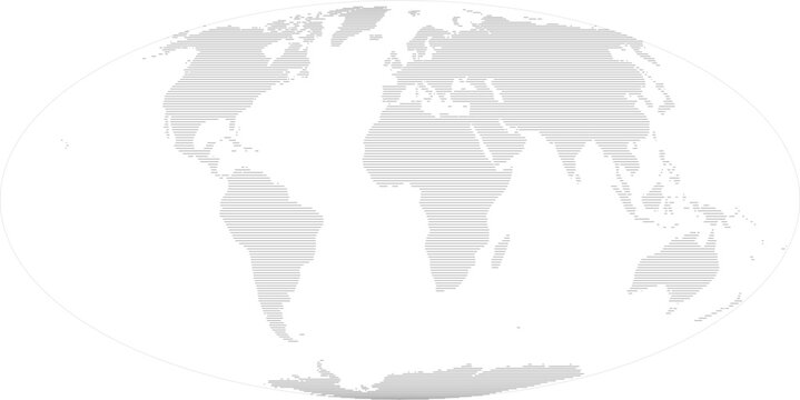 World vector map in line-filled style with bounding box (Mollweide projection, PPT-compatible & fully editable)